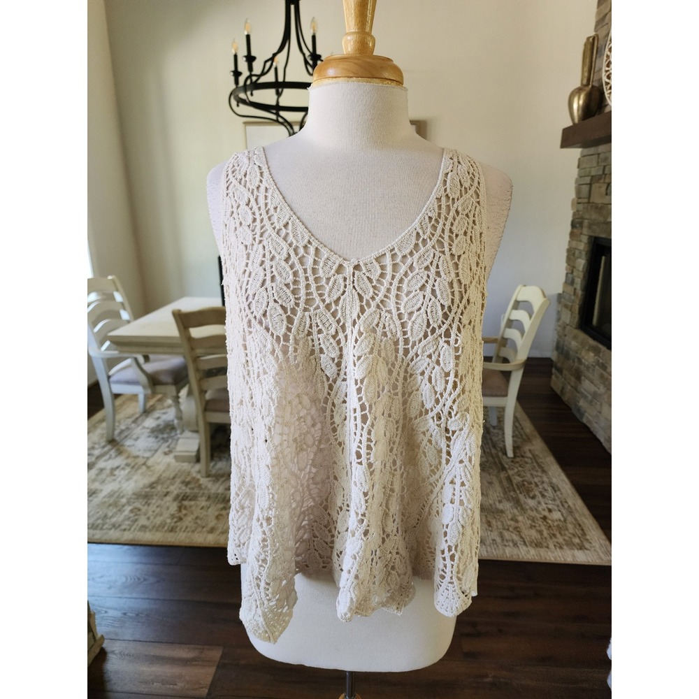 Womens‎ Medium Cream Crochet Lace V-Neck Tank Top Boho Festival Coachella